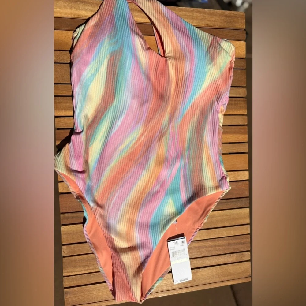 LARGE NWT Asymmetrical Pastel Striped Women's One Piece Bikini pink multi color - Picture 2 of 6